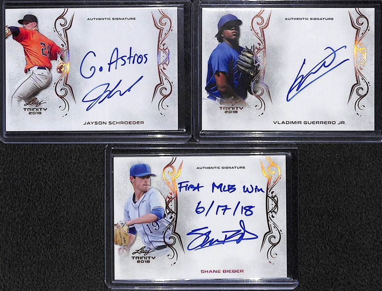 Lot of (3) 2018 Leaf Trinity Inscription Autograph Cards w. Vladimir Guerrero Jr & Shane Bieber Rookie Cards