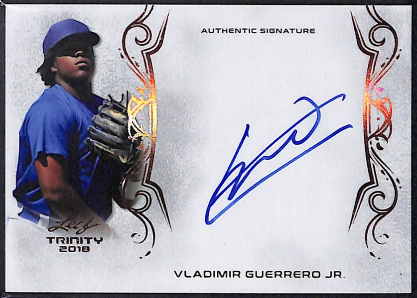 Lot of (3) 2018 Leaf Trinity Inscription Autograph Cards w. Vladimir Guerrero Jr & Shane Bieber Rookie Cards