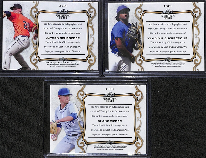 Lot of (3) 2018 Leaf Trinity Inscription Autograph Cards w. Vladimir Guerrero Jr & Shane Bieber Rookie Cards