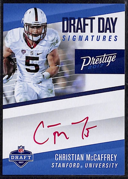 Lot of (3) NFL Superstar Autograph Cards w. Christian McCaffrey, Terell Davis, & Terrell Owens