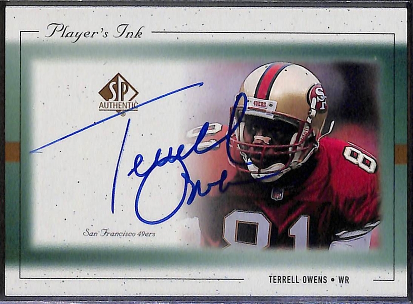 Lot of (3) NFL Superstar Autograph Cards w. Christian McCaffrey, Terell Davis, & Terrell Owens