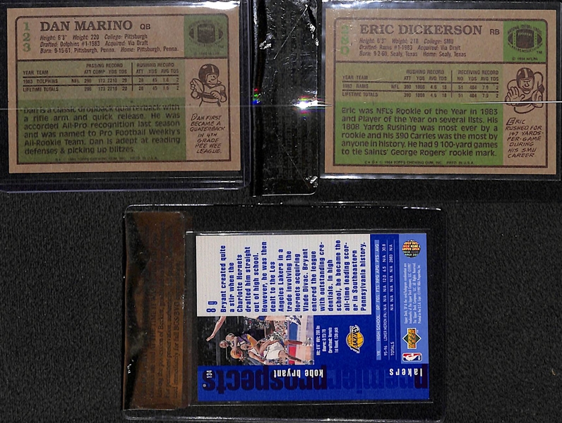 Lot of (3) Sports HOFer Rookie Cards w. 1984 Dan Marino, 1984 Eric Dickerson BGS 8.5, & 1996 SP Kobe Bryant BGS 9