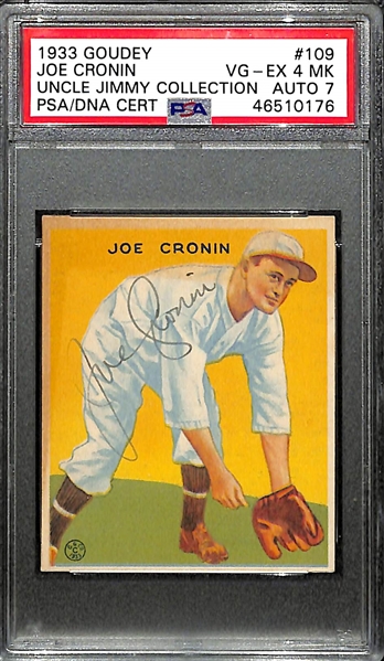 Signed 1933 Goudey Joe Cronin (HOF) #109 Graded PSA 4 MK (Auto Grade 7) w. Uncle Jimmy Collection, d. 1984