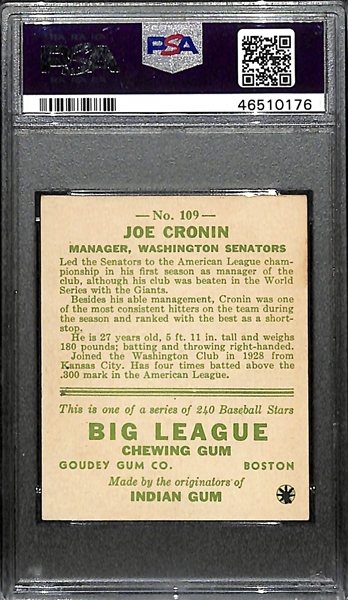 Signed 1933 Goudey Joe Cronin (HOF) #109 Graded PSA 4 MK (Auto Grade 7) w. Uncle Jimmy Collection, d. 1984