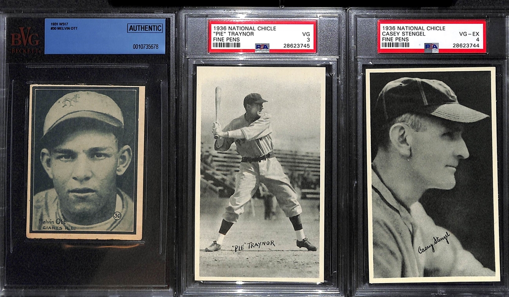 Lot of (3) 1930s Graded Oversized Baseball Cards w. Pie Traynor, Casey Stengel & Melvin Ott