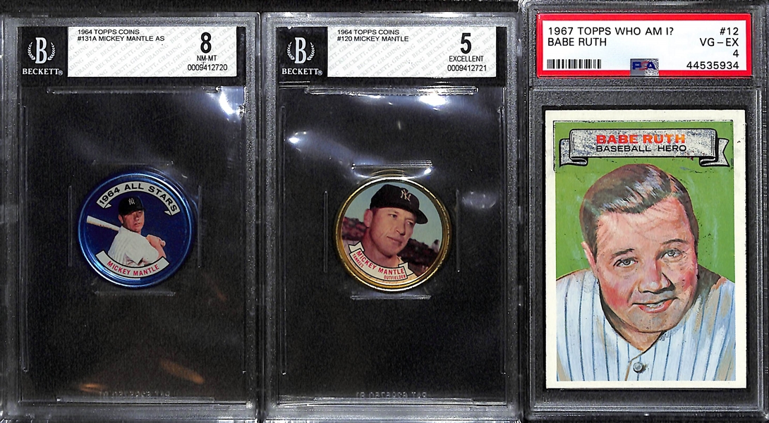 Lot of (3) 1960s Topps Graded Baseball Cards - Mickey Mantle Coins & Babe Ruth Who AM I