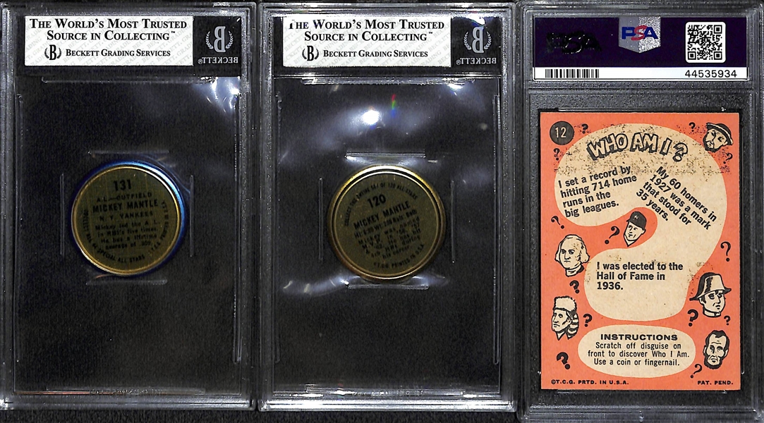 Lot of (3) 1960s Topps Graded Baseball Cards - Mickey Mantle Coins & Babe Ruth Who AM I