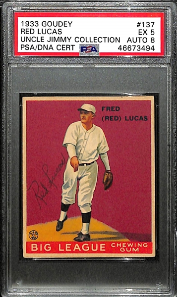 Signed 1933 Goudey Red Lucas #137 Graded PSA 5 (Auto Grade 8) w. Uncle Jimmy Collection, d. 1986