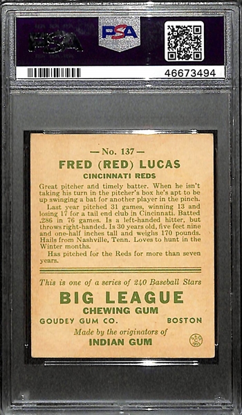 Signed 1933 Goudey Red Lucas #137 Graded PSA 5 (Auto Grade 8) w. Uncle Jimmy Collection, d. 1986