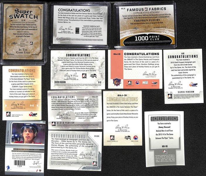 Lot of (12) Hockey Memorabilia Cards and Short Prints w. Brett Hull, Jonathan Quick & Carey Price