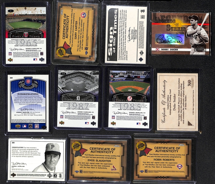 Lot of (22) Retired MLB Player Autograph Cards w. Gary Carter, Bob Feller & Harmon Killebrew