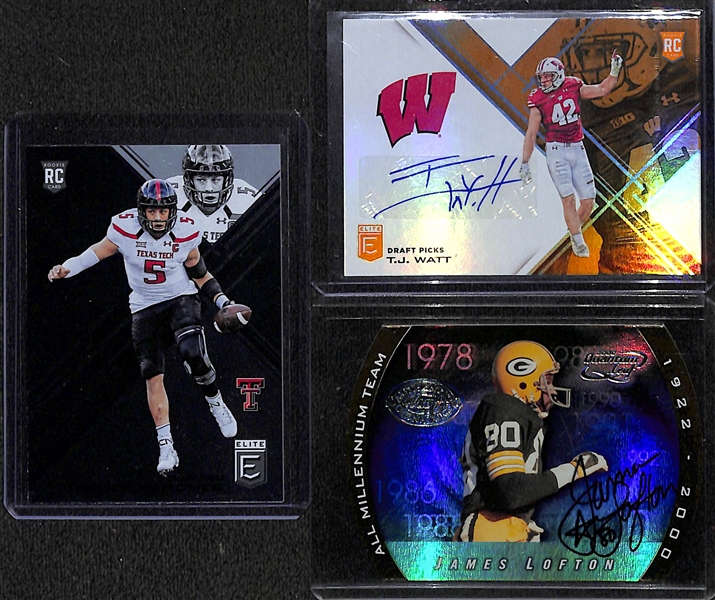 Patrick Mahomes Elite Draft Picks Rookie and Lot of (19) Football Autograph Cards w. T.J. Watt, James Lofton & Noah Fant