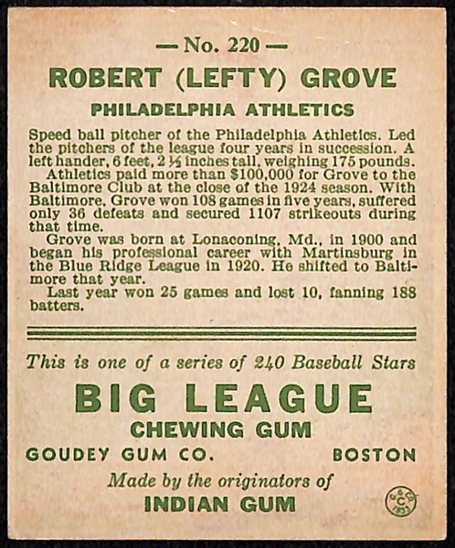 Signed 1933 Goudey Lefty Grove (HOF) #220 - Includes JSA Letter of Authenticity