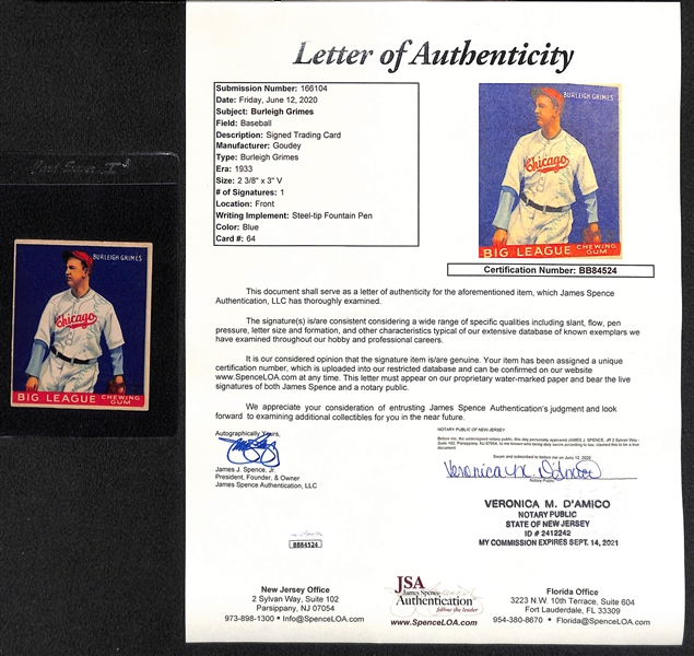 Signed 1933 Goudey Burleigh Grimes (HOF) #64 - Includes JSA Letter of Authenticity