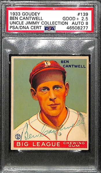 Signed 1933 Goudey Ben Cantwell #139 Graded PSA 2.5 (Auto Grade 8) w. Uncle Jimmy Collection, d. 1962