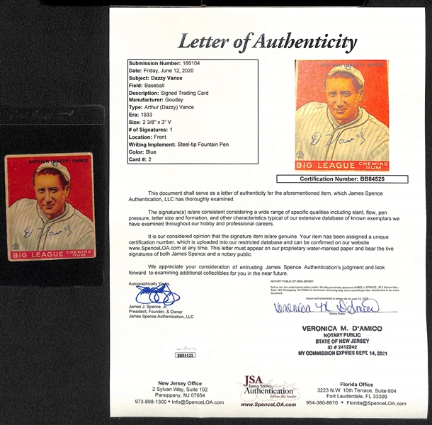 Signed 1933 Goudey Dazzy Vance (HOF) #2- Includes JSA Letter of Authenticity