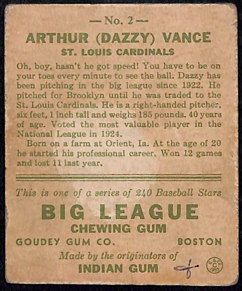 Signed 1933 Goudey Dazzy Vance (HOF) #2- Includes JSA Letter of Authenticity