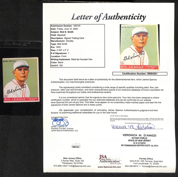 Signed 1933 Goudey Bob Smith #185- Includes JSA Letter of Authenticity