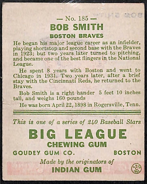 Signed 1933 Goudey Bob Smith #185- Includes JSA Letter of Authenticity