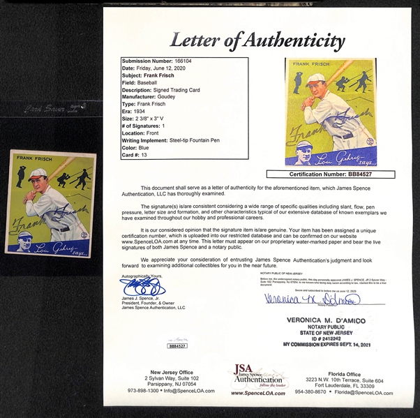 Rare Signed 1934 Goudey Frank Frisch (HOF) #13- Includes JSA Letter of Authenticity