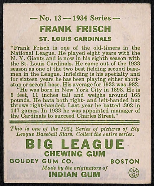 Rare Signed 1934 Goudey Frank Frisch (HOF) #13- Includes JSA Letter of Authenticity