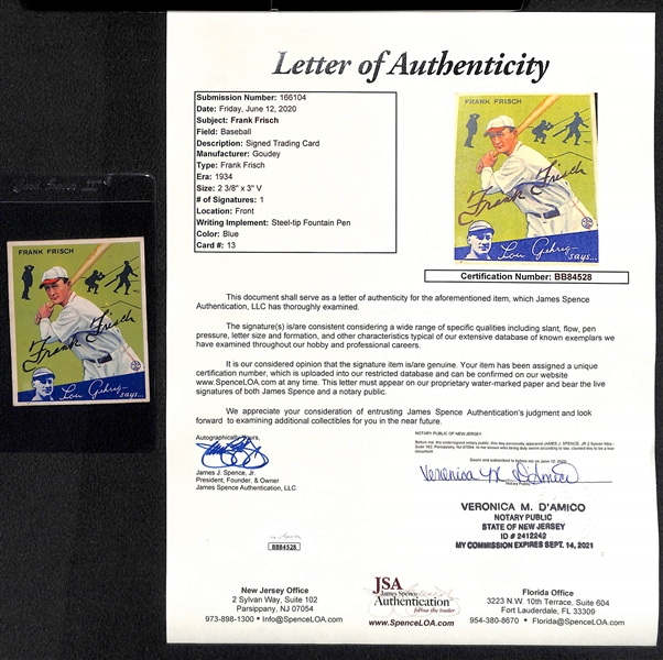 Rare Signed 1934 Goudey Frank Frisch (HOF) #13- Includes JSA Letter of Authenticity