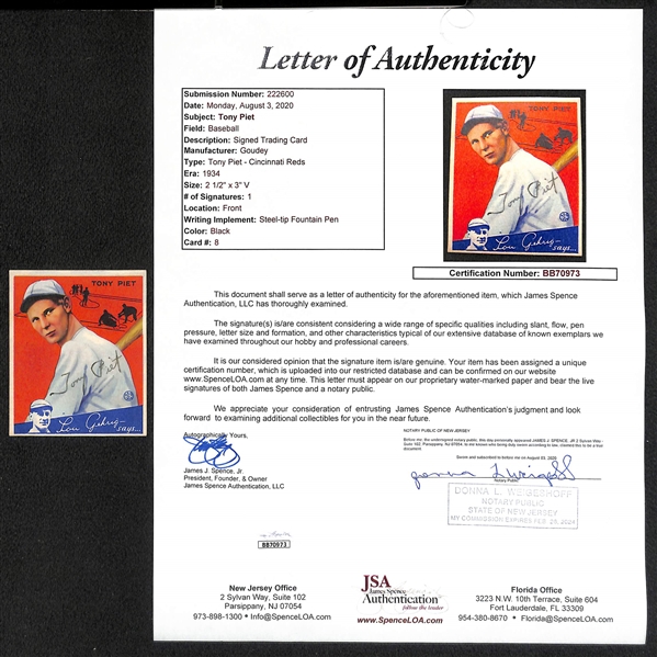 Signed 1934 Goudey Tony Piet #8- Includes JSA Letter of Authenticity