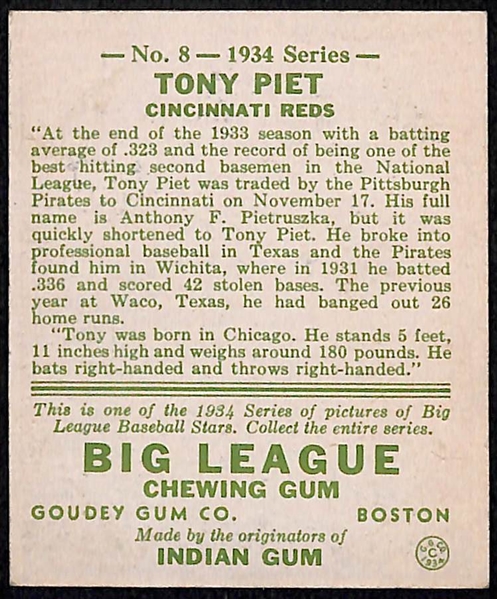 Signed 1934 Goudey Tony Piet #8- Includes JSA Letter of Authenticity