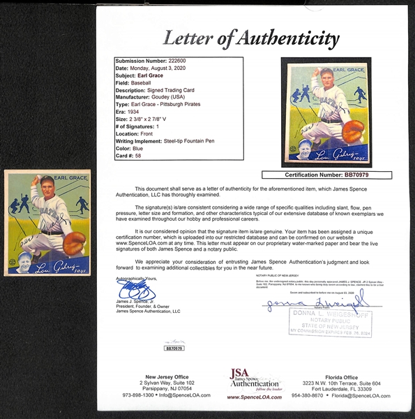 Signed 1934 Goudey Earl Grace #58 - includes JSA Letter of Authenticity