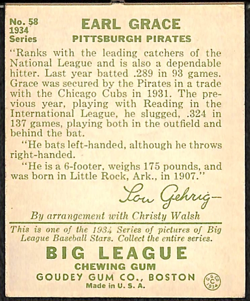 Signed 1934 Goudey Earl Grace #58 - includes JSA Letter of Authenticity