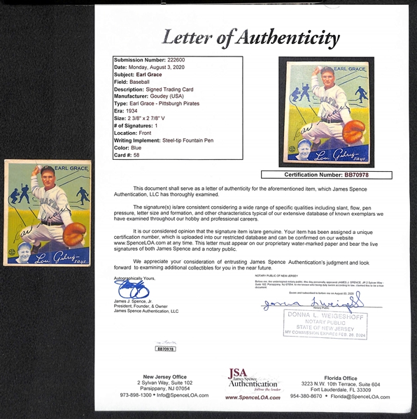 Signed 1934 Goudey Earl Grace #58 - includes JSA Letter of Authenticity