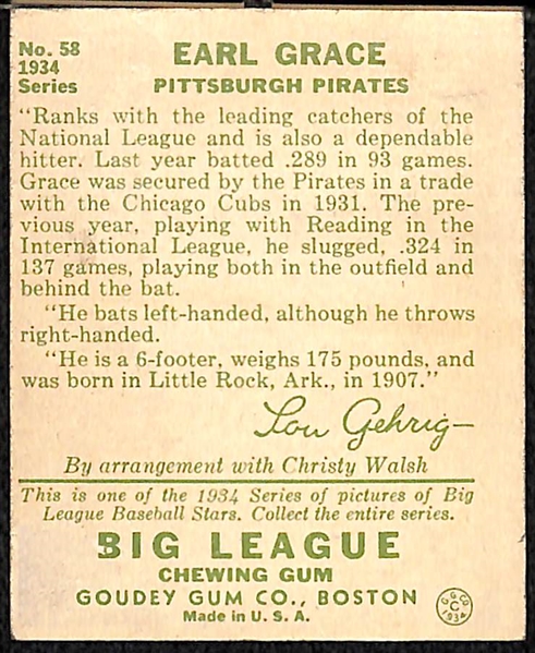 Signed 1934 Goudey Earl Grace #58 - includes JSA Letter of Authenticity