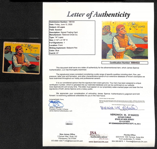 Signed 1935 National Chicle Diamond Stars Al Lopez (HOF) #97 - includes JSA Letter of Authenticity