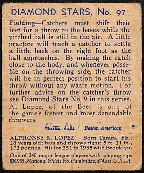 Signed 1935 National Chicle Diamond Stars Al Lopez (HOF) #97 - includes JSA Letter of Authenticity