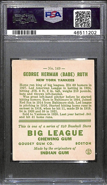 Signed 1933 Goudey Babe Ruth (HOF) #149 Graded PSA 4 (Auto Grade 8) w. Uncle Jimmy Collection, d. 1948