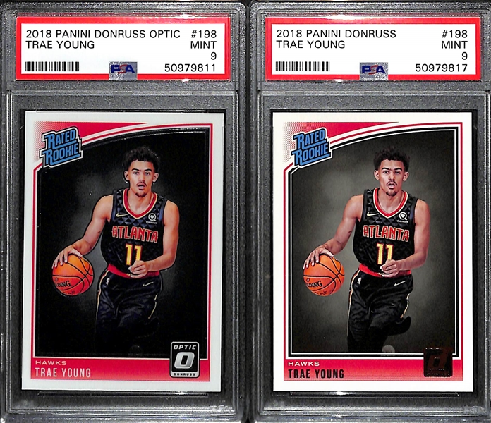 2018-19 Trae Young Rookie Lot - Panini Donruss Optic #198 PSA 9 and Panini Donruss #198 PSA 9