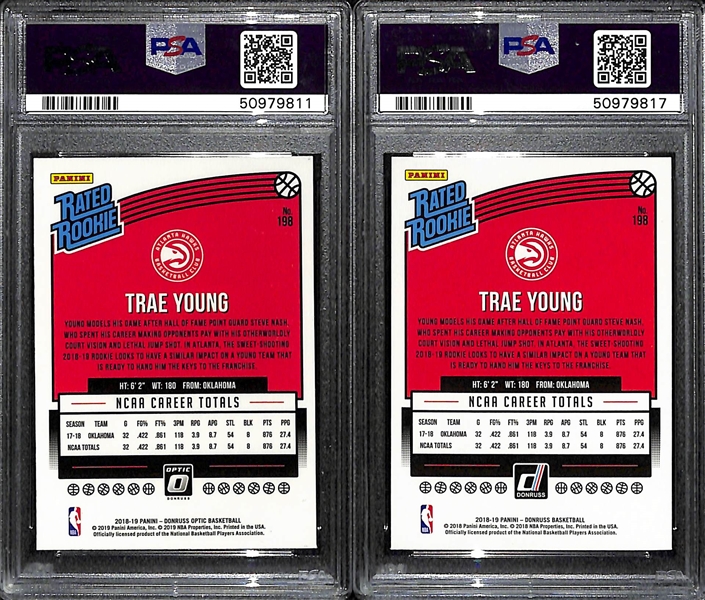 2018-19 Trae Young Rookie Lot - Panini Donruss Optic #198 PSA 9 and Panini Donruss #198 PSA 9