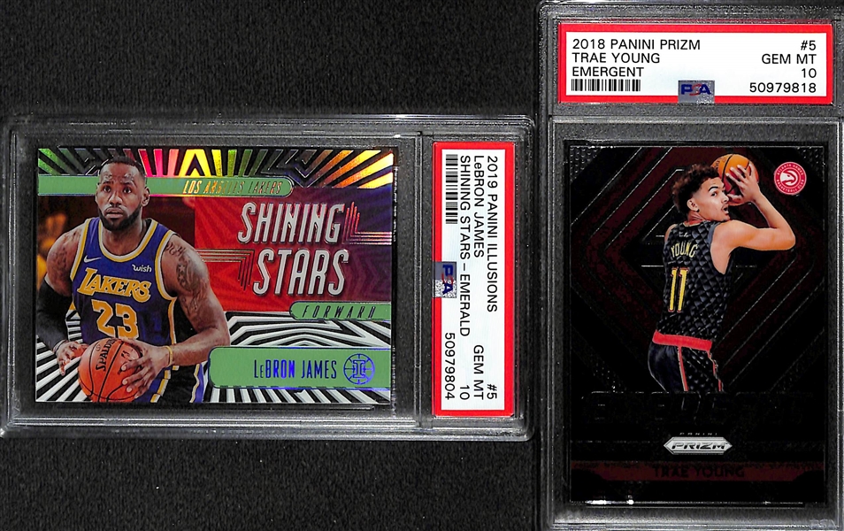 2018-19 Prizm Emergent Trae Young Rookie PSA 10 & 2019 Illusions Lebron James Shining Stars Emerald PSA 10