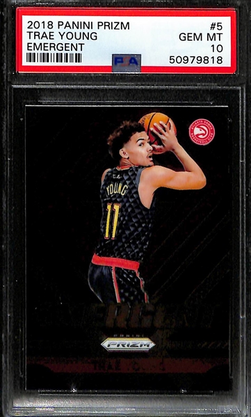 2018-19 Prizm Emergent Trae Young Rookie PSA 10 & 2019 Illusions Lebron James Shining Stars Emerald PSA 10