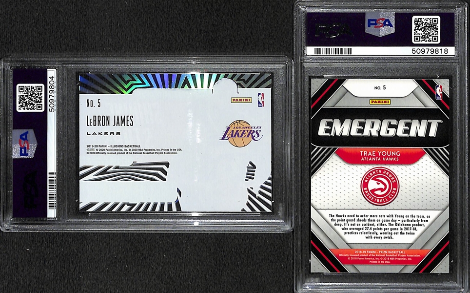 2018-19 Prizm Emergent Trae Young Rookie PSA 10 & 2019 Illusions Lebron James Shining Stars Emerald PSA 10