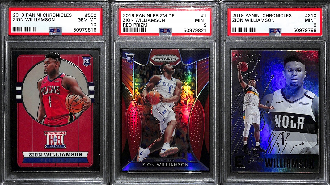 Lot of (3) 2019 Zion Williamson Rookies - Chronicles Hometown Heroes PSA 10, Prizm Draft Red #1 PSA 9, Chronicles Essentials #210 PSA 9