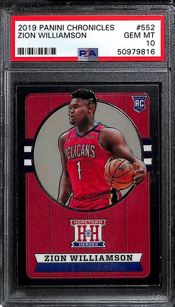 Lot of (3) 2019 Zion Williamson Rookies - Chronicles Hometown Heroes PSA 10, Prizm Draft Red #1 PSA 9, Chronicles Essentials #210 PSA 9