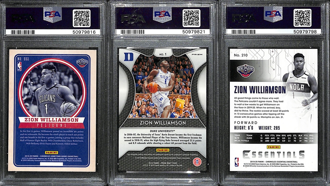 Lot of (3) 2019 Zion Williamson Rookies - Chronicles Hometown Heroes PSA 10, Prizm Draft Red #1 PSA 9, Chronicles Essentials #210 PSA 9