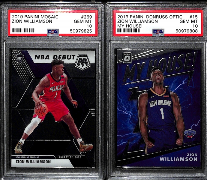 Lot of (2) 2019 Zion Williamson Rookies - Panini Mosaic #269 PSA 10 and Donruss Optic My House #15 PSA 10