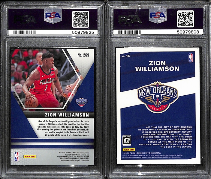 Lot of (2) 2019 Zion Williamson Rookies - Panini Mosaic #269 PSA 10 and Donruss Optic My House #15 PSA 10