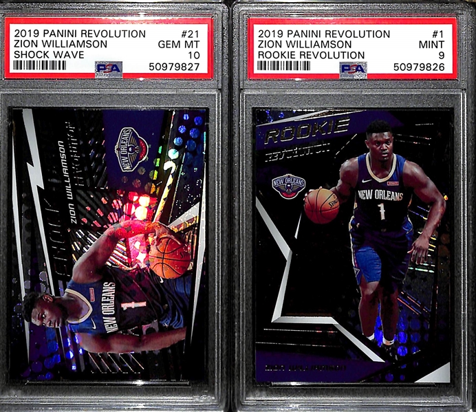 Lot of (2) 2019 Zion Williamson Panini Revolution Rookies - Shock Wave #21 PSA 10 & Rookie Revolution #1 PSA 9