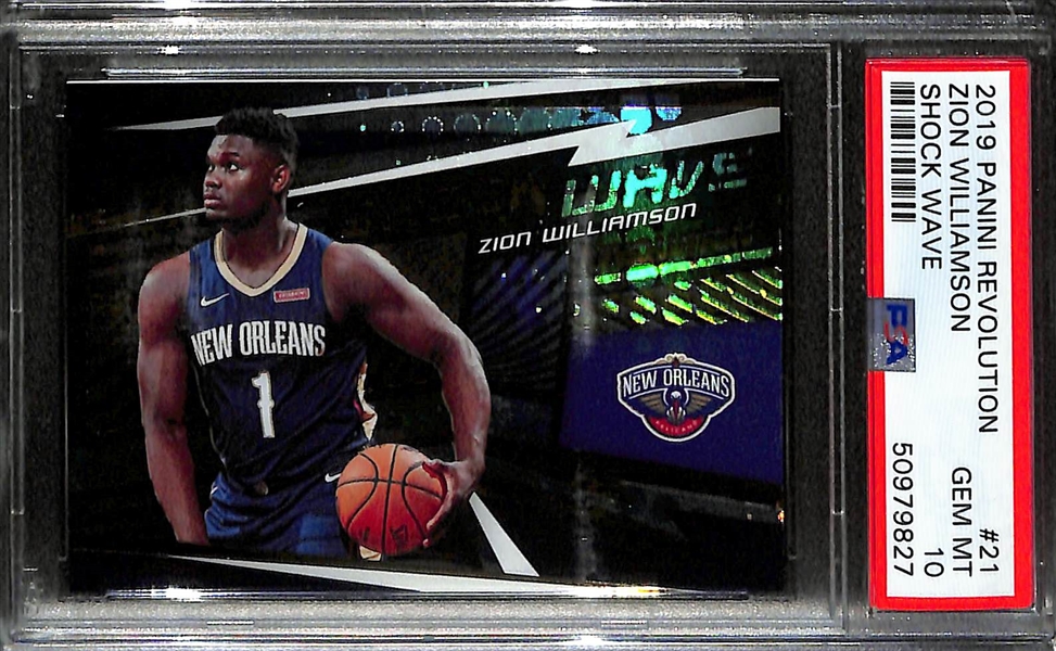 Lot of (2) 2019 Zion Williamson Panini Revolution Rookies - Shock Wave #21 PSA 10 & Rookie Revolution #1 PSA 9