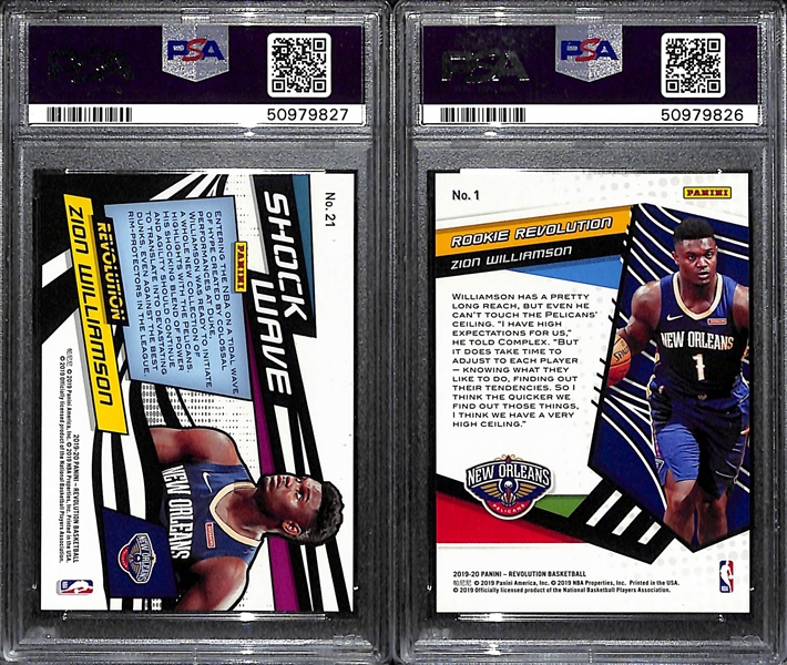 Lot of (2) 2019 Zion Williamson Panini Revolution Rookies - Shock Wave #21 PSA 10 & Rookie Revolution #1 PSA 9