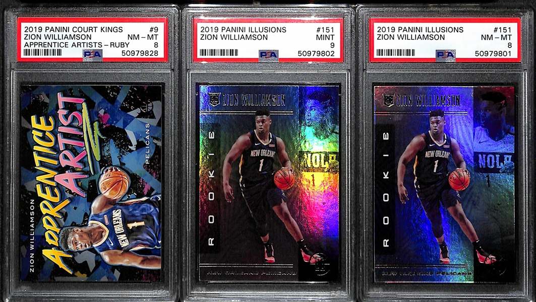 Lot of (3) 2019 Zion Williamson Rookies - Illusions #151 PSA 9, Illusions #151 PSA 8, Court Kings Apprentice Artist #9 PSA 8