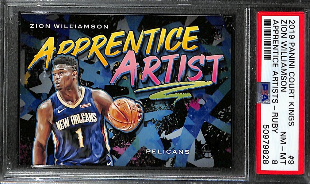 Lot of (3) 2019 Zion Williamson Rookies - Illusions #151 PSA 9, Illusions #151 PSA 8, Court Kings Apprentice Artist #9 PSA 8